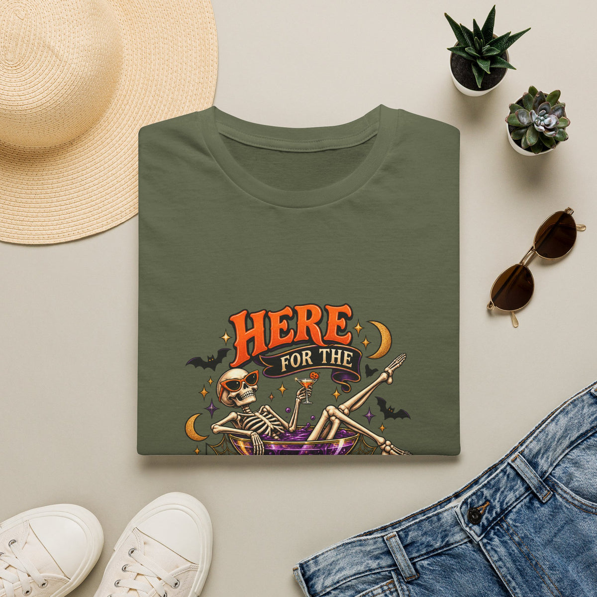 Here for the Boos Halloween T-Shirt — Skeleton Cauldron & Pumpkin Graphic Tee