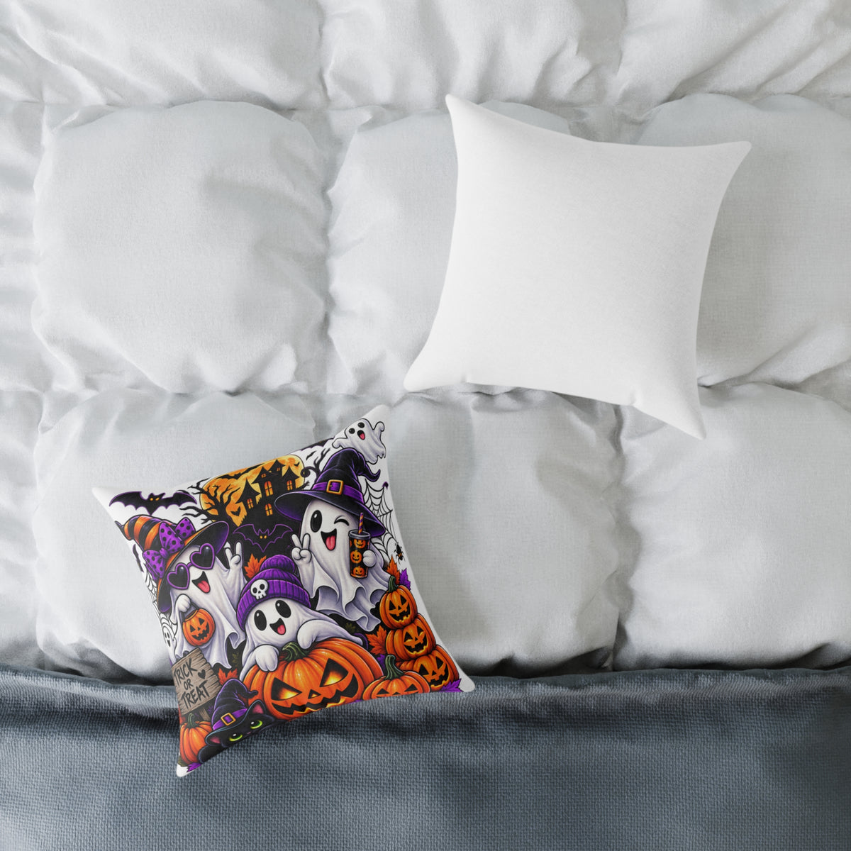 Halloween Ghosts & Pumpkins Square Pillow – Cute Trick-or-Treat Halloween Throw Pillow