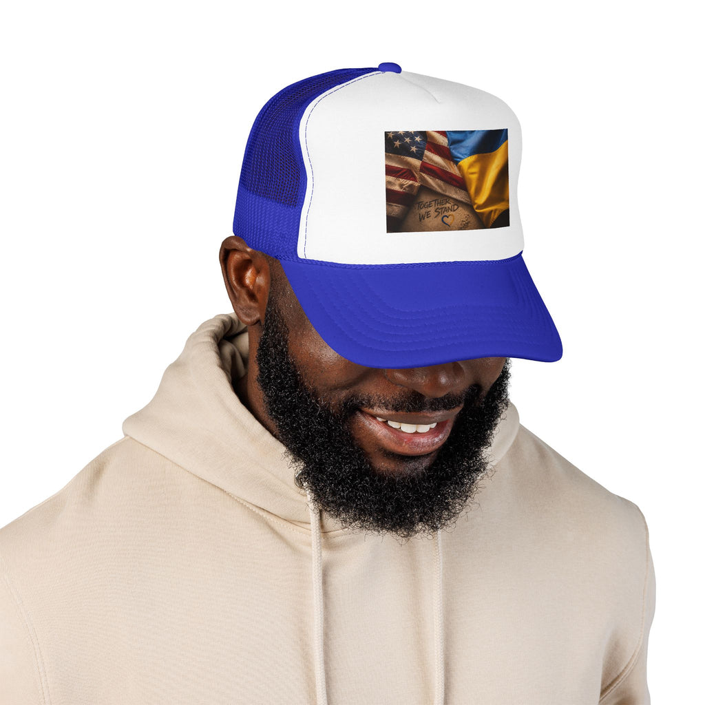 Trucker Hat — American & Ukrainian Flags "Together We Stand" Patriotic Foam Cap