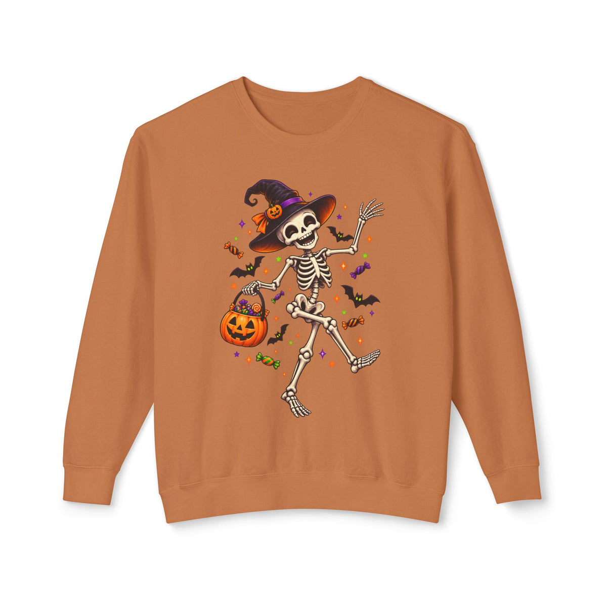 Halloween Dancing Skeleton Sweatshirt — Witch Hat Trick-or-Treat Pumpkin Design