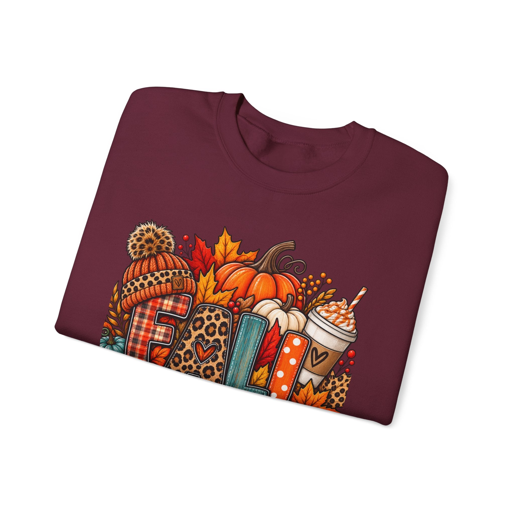 Fall Cozy Crewneck Sweatshirt — Pumpkin, Plaid & Coffee Autumn Graphic
