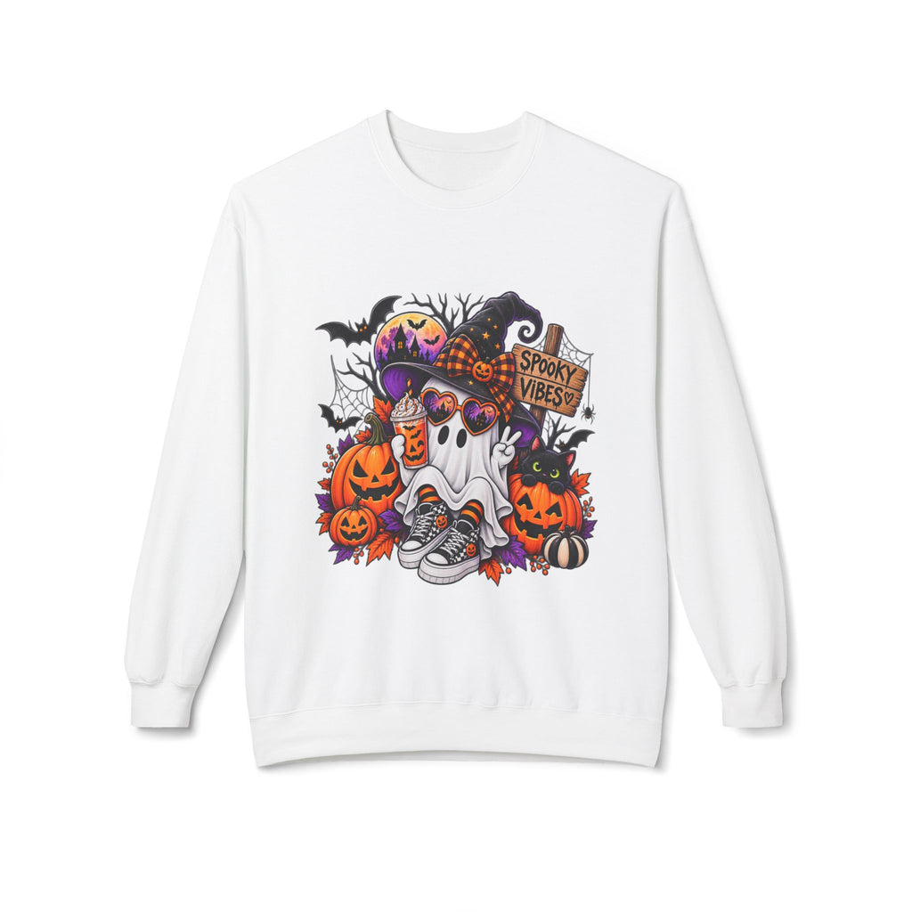 Halloween Ghost Crewneck Sweatshirt — Spooky Vibes Pumpkin Design