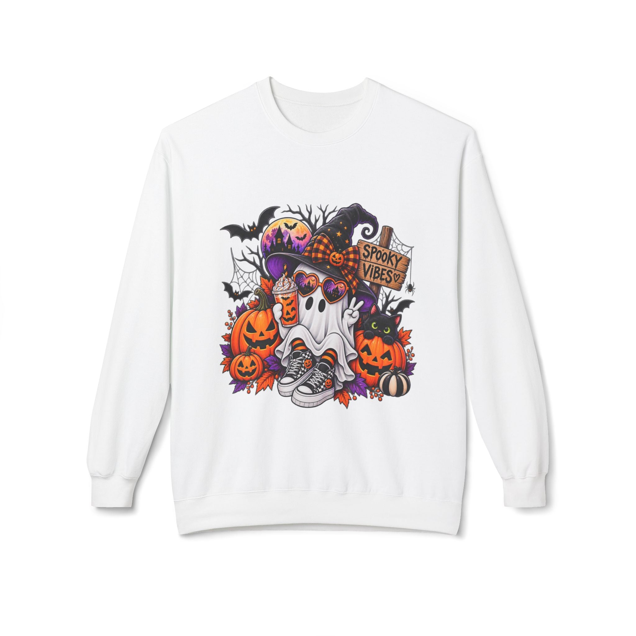 Halloween Ghost Crewneck Sweatshirt — Spooky Vibes Pumpkin Design