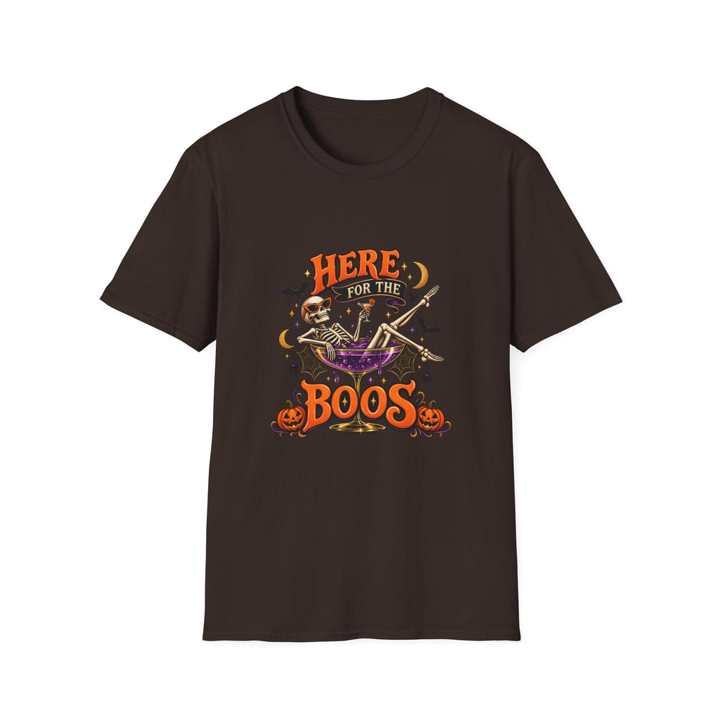 Here for the Boos Halloween T-Shirt — Skeleton Cauldron & Pumpkin Graphic Tee