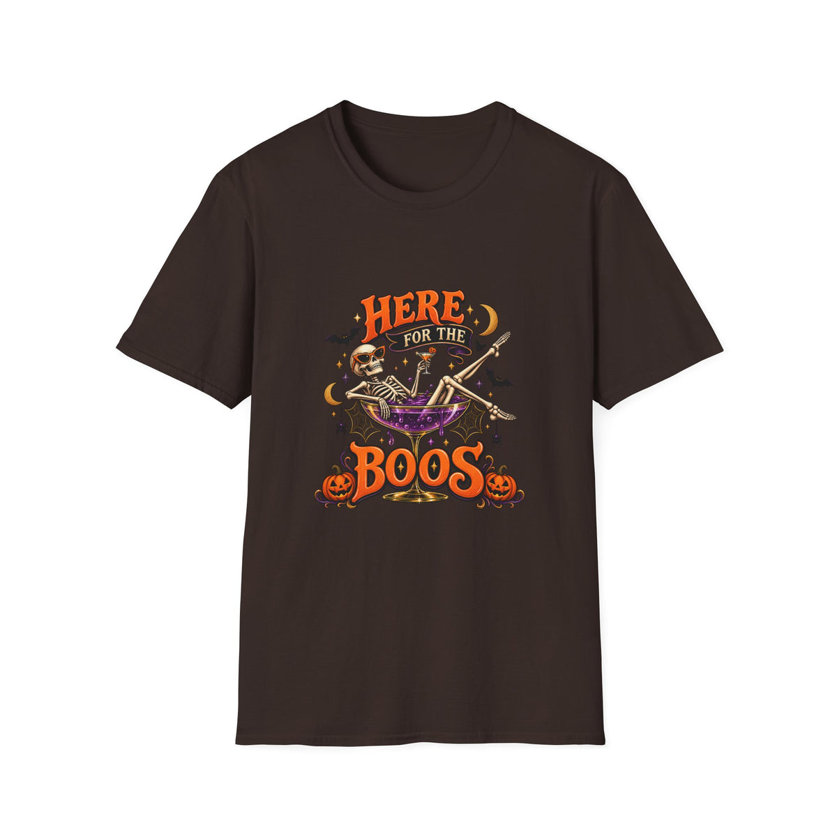Here for the Boos Halloween T-Shirt — Skeleton Cauldron & Pumpkin Graphic Tee