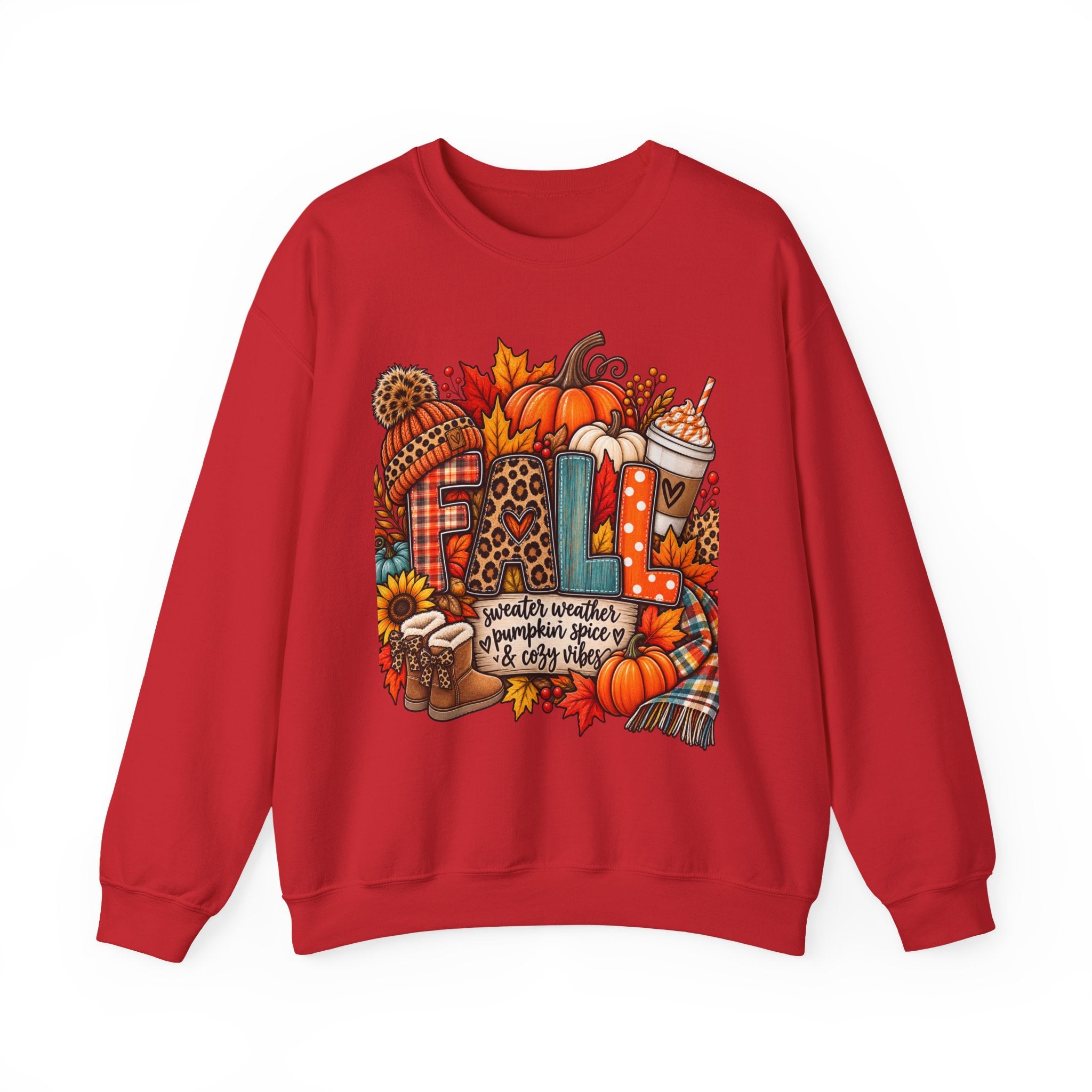 Fall Cozy Crewneck Sweatshirt — Pumpkin, Plaid & Coffee Autumn Graphic