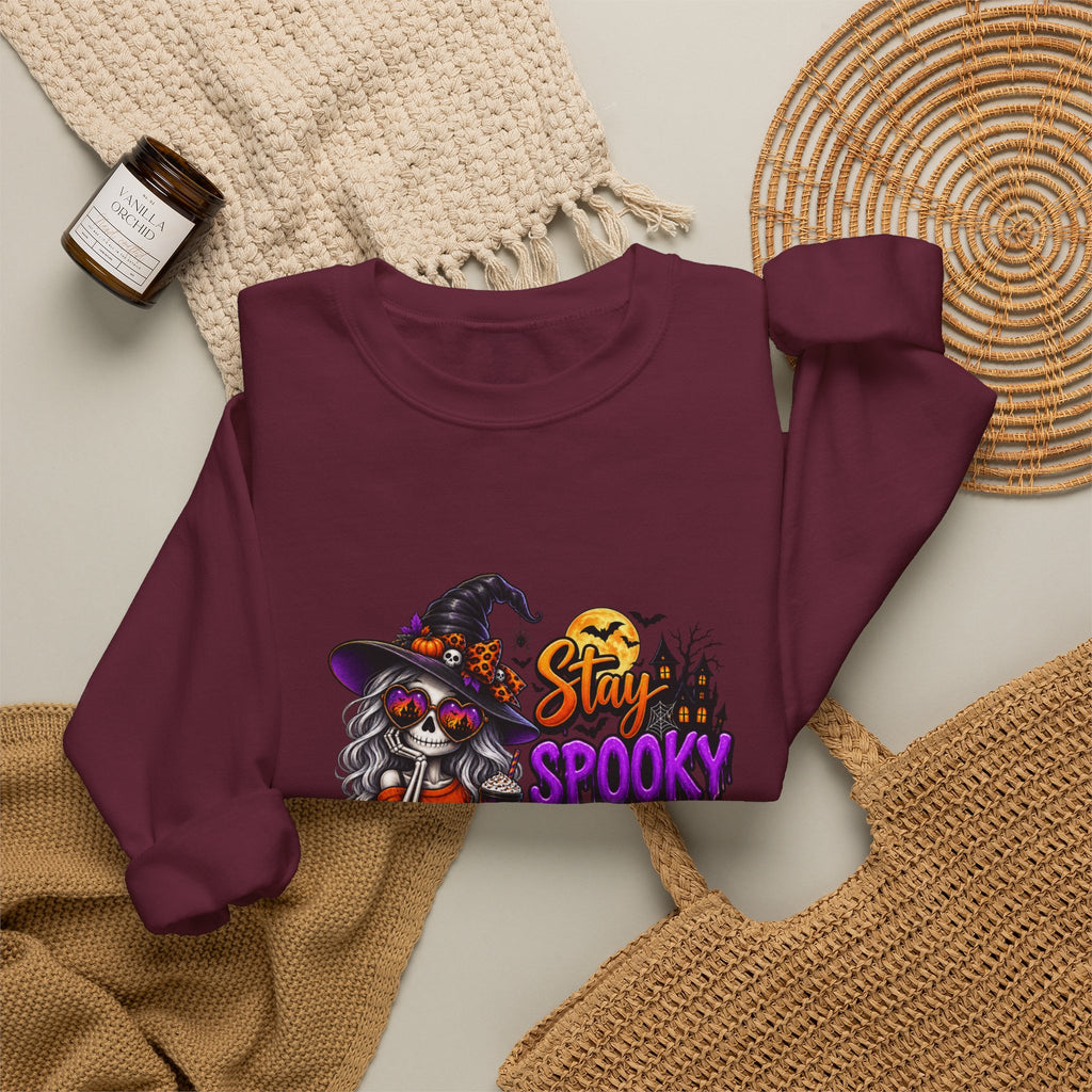 Halloween Crewneck Sweatshirt — "Stay Spooky, Drink Something Scary" Witch & Jack-O'-Lantern Design