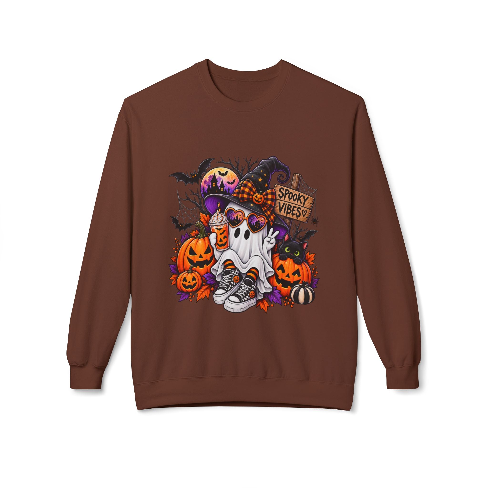 Halloween Ghost Crewneck Sweatshirt — Spooky Vibes Pumpkin Design