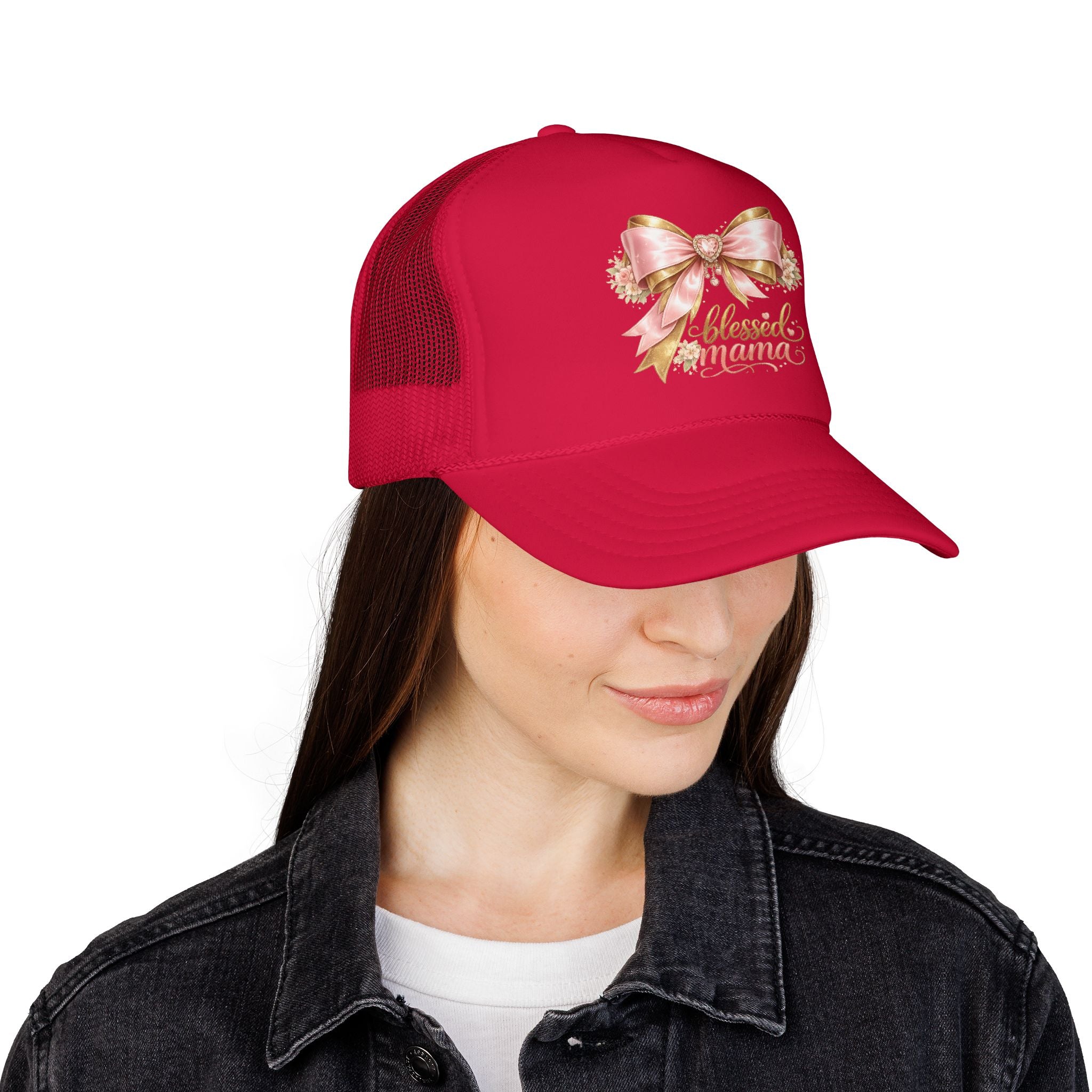 Blessed Mama Trucker Hat — Pink Ribbon Floral Mom Cap
