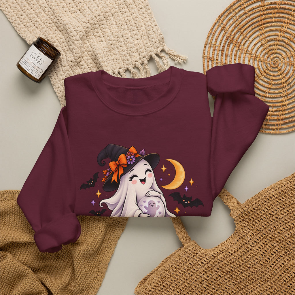 Halloween Maternity Sweatshirt — "A Little Boo Is Due" Ghost Mom Crewneck