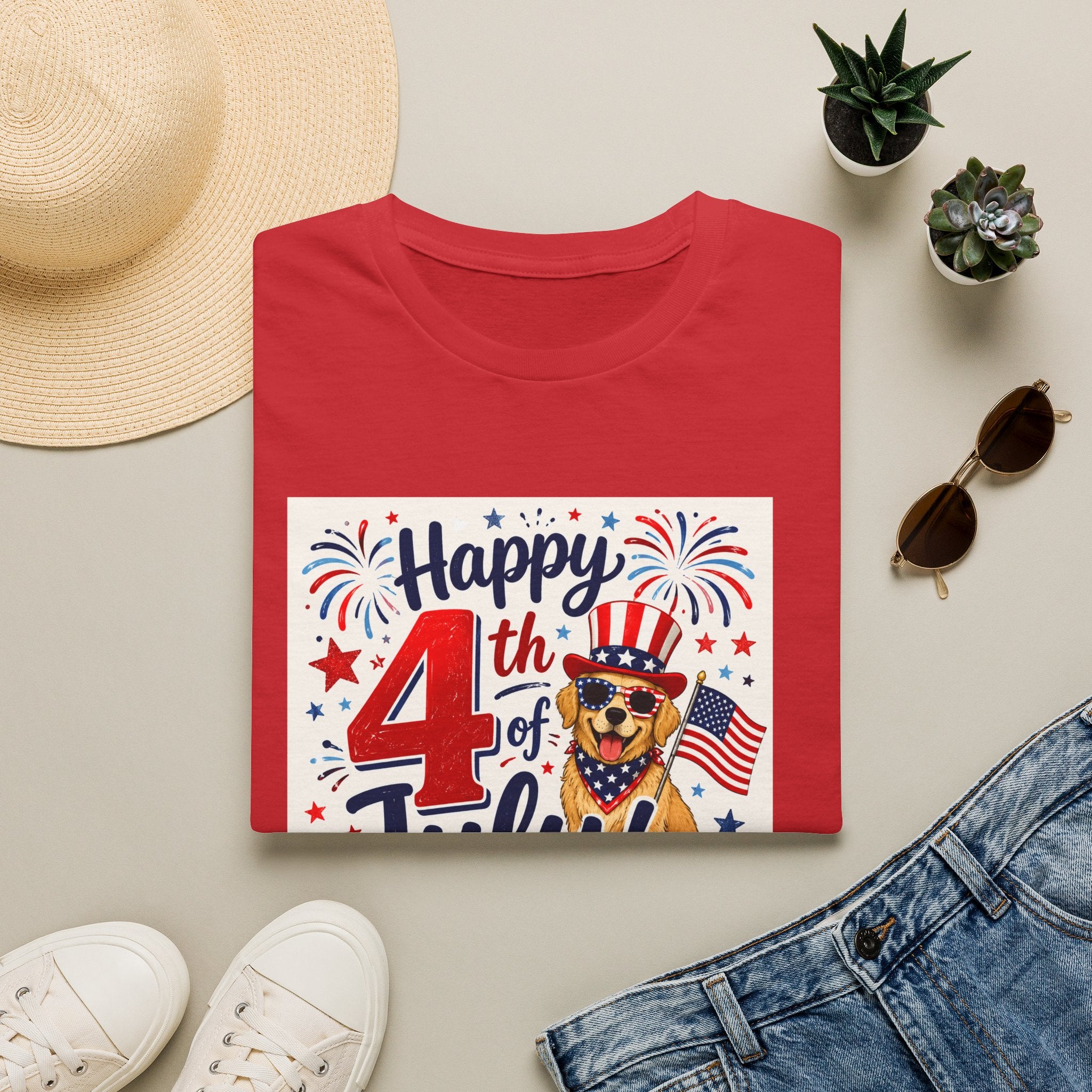 4th of July Dog T-Shirt — "Happy 4th of July" Patriotic Fireworks Tee