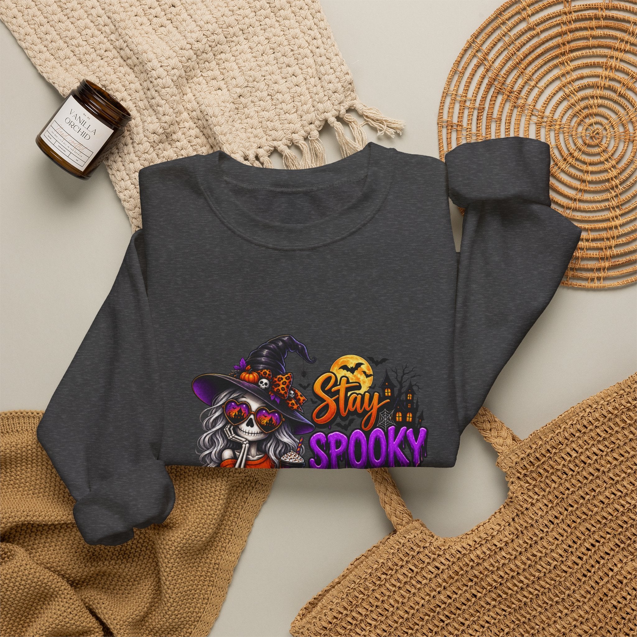 Halloween Crewneck Sweatshirt — "Stay Spooky, Drink Something Scary" Witch & Jack-O'-Lantern Design