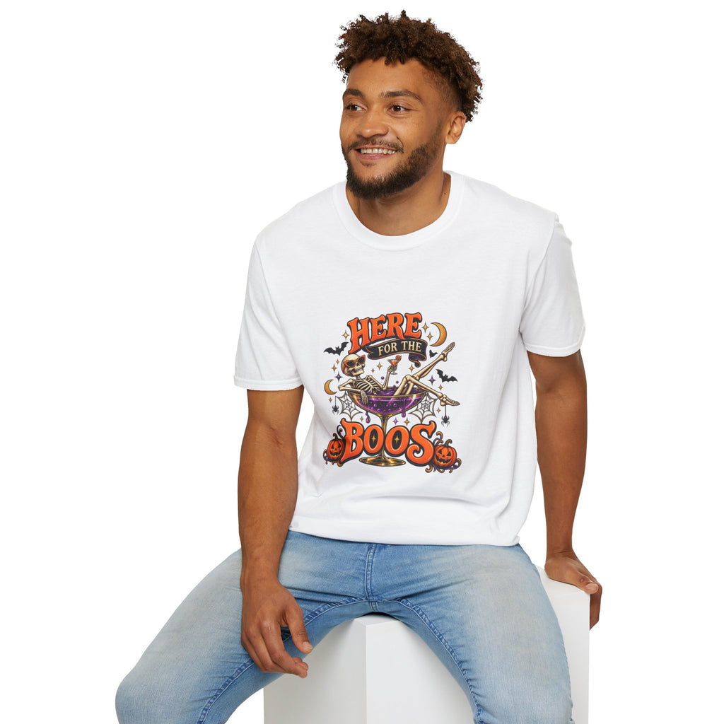 Here for the Boos Halloween T-Shirt — Skeleton Cauldron & Pumpkin Graphic Tee