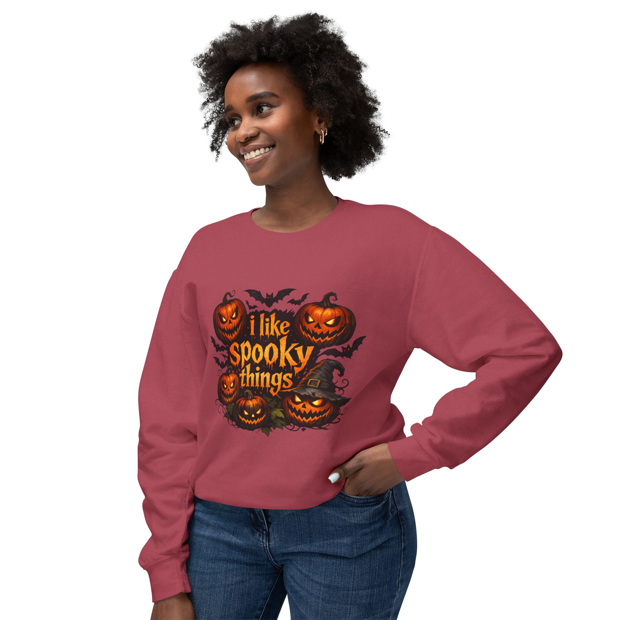 Halloween Sweatshirt — "I Like Spooky Things" Pumpkin & Bats Crewneck