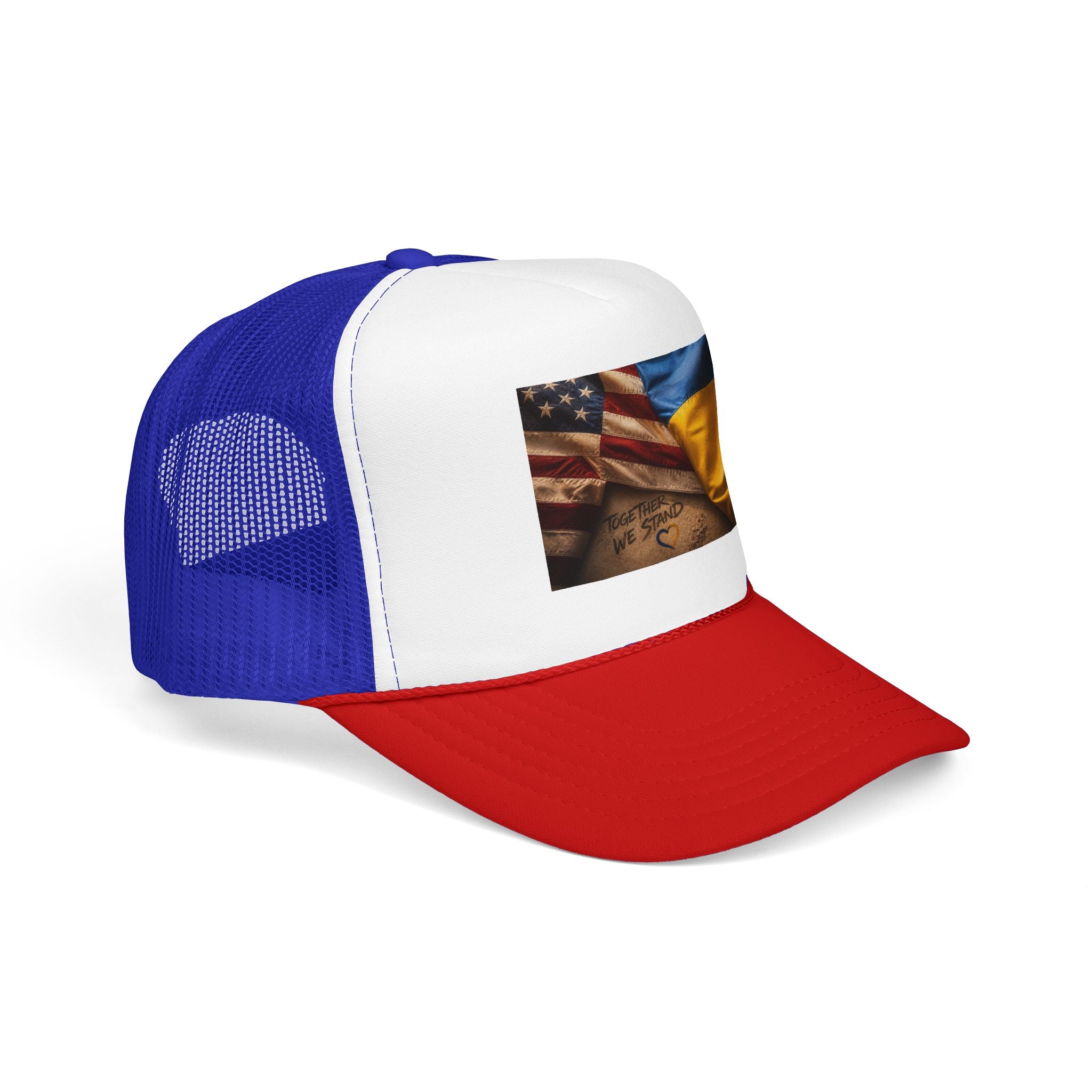 Trucker Hat — American & Ukrainian Flags "Together We Stand" Patriotic Foam Cap