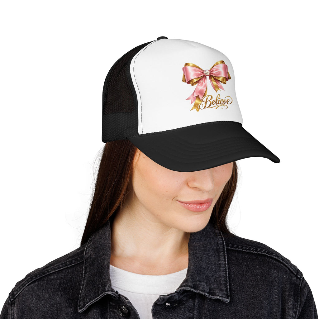 Believe Bow Trucker Hat – Pink Ribbon & Gold Script Foam Cap