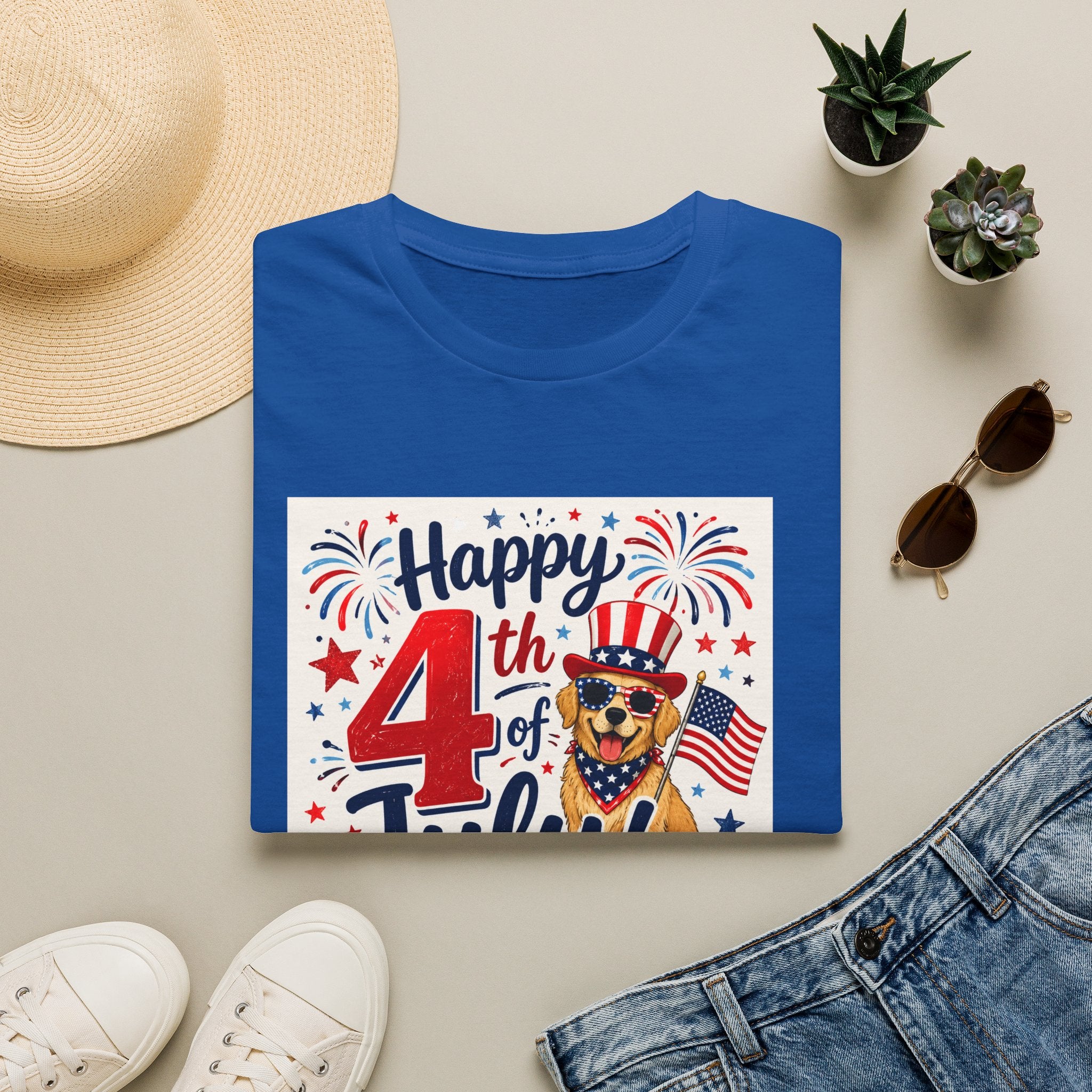 4th of July Dog T-Shirt — "Happy 4th of July" Patriotic Fireworks Tee