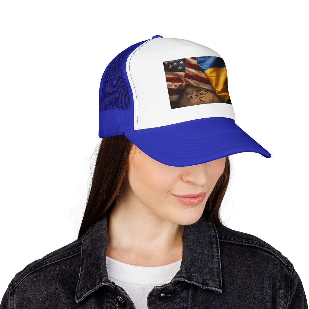 Trucker Hat — American & Ukrainian Flags "Together We Stand" Patriotic Foam Cap