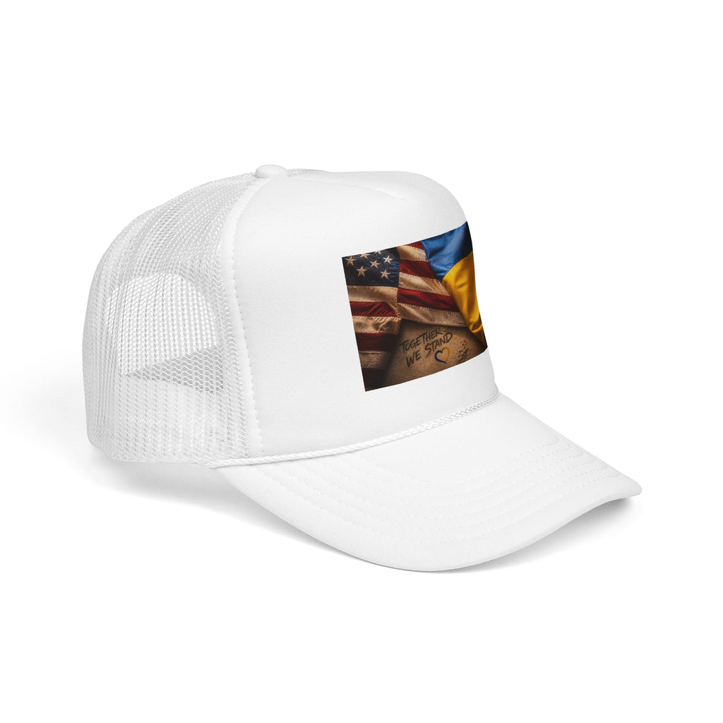Trucker Hat — American & Ukrainian Flags "Together We Stand" Patriotic Foam Cap