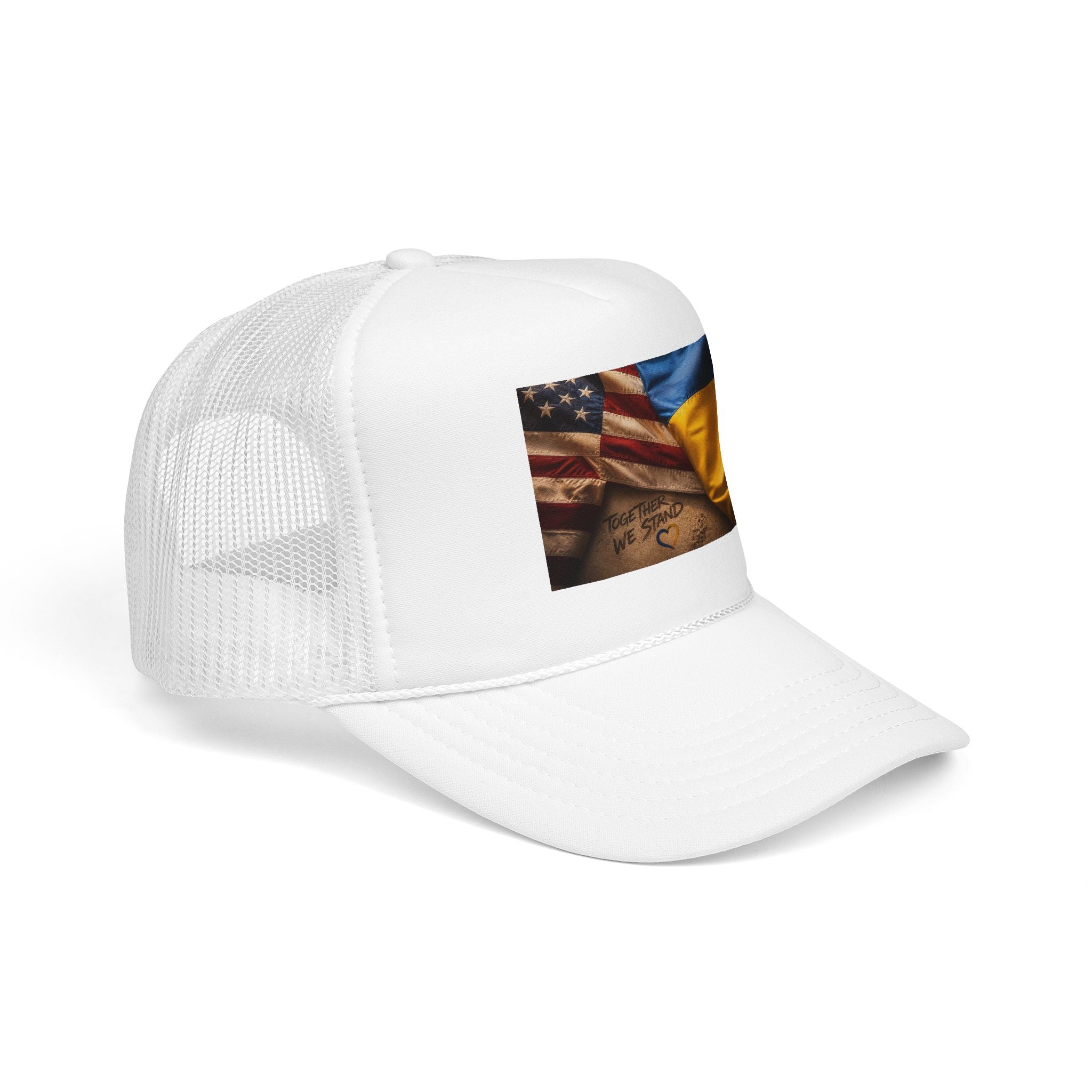 Trucker Hat — American & Ukrainian Flags "Together We Stand" Patriotic Foam Cap