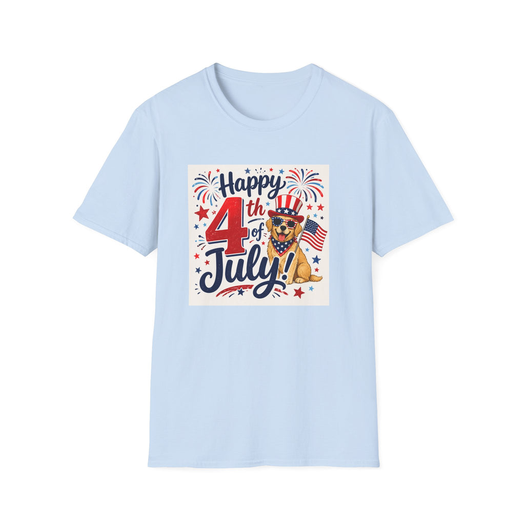 4th of July Dog T-Shirt — "Happy 4th of July" Patriotic Fireworks Tee