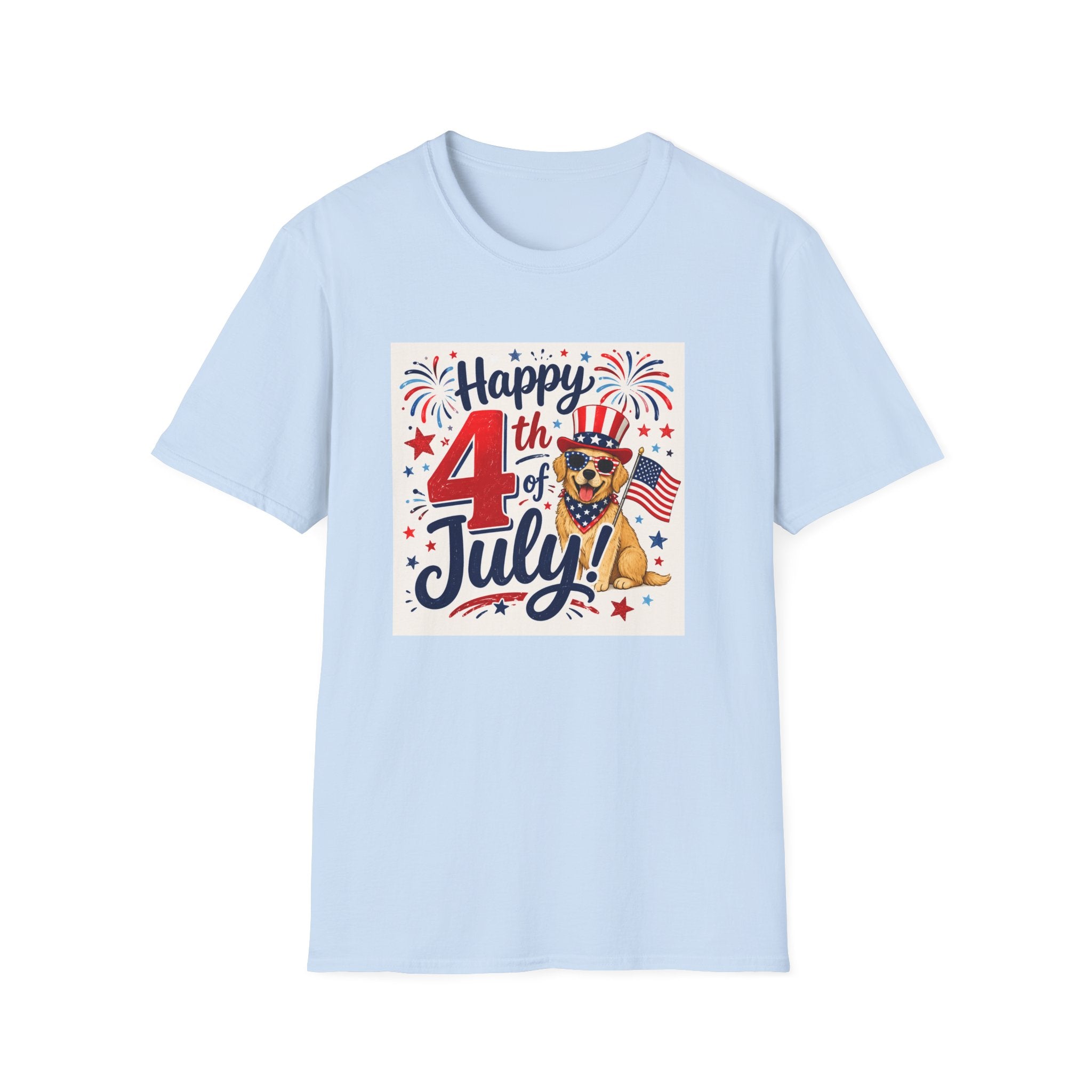 4th of July Dog T-Shirt — "Happy 4th of July" Patriotic Fireworks Tee