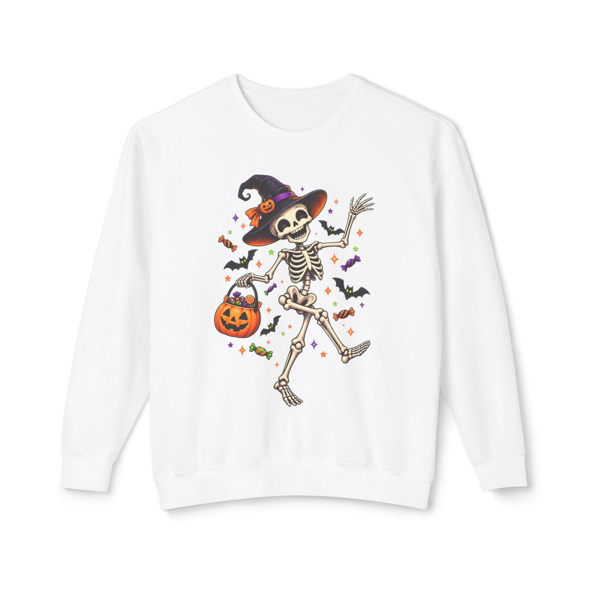 Halloween Dancing Skeleton Sweatshirt — Witch Hat Trick-or-Treat Pumpkin Design