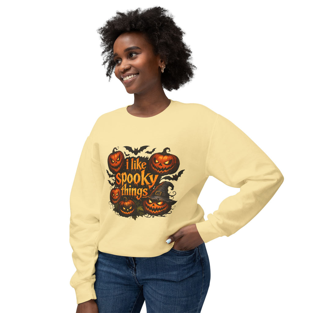 Halloween Sweatshirt — "I Like Spooky Things" Pumpkin & Bats Crewneck