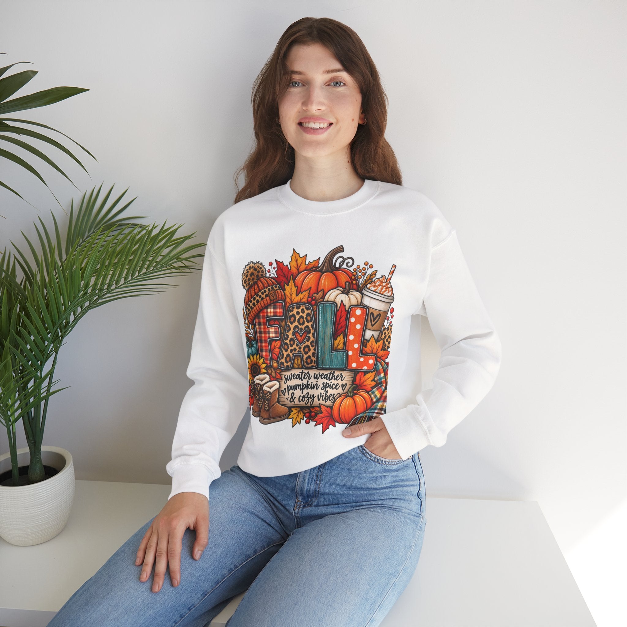 Fall Cozy Crewneck Sweatshirt — Pumpkin, Plaid & Coffee Autumn Graphic