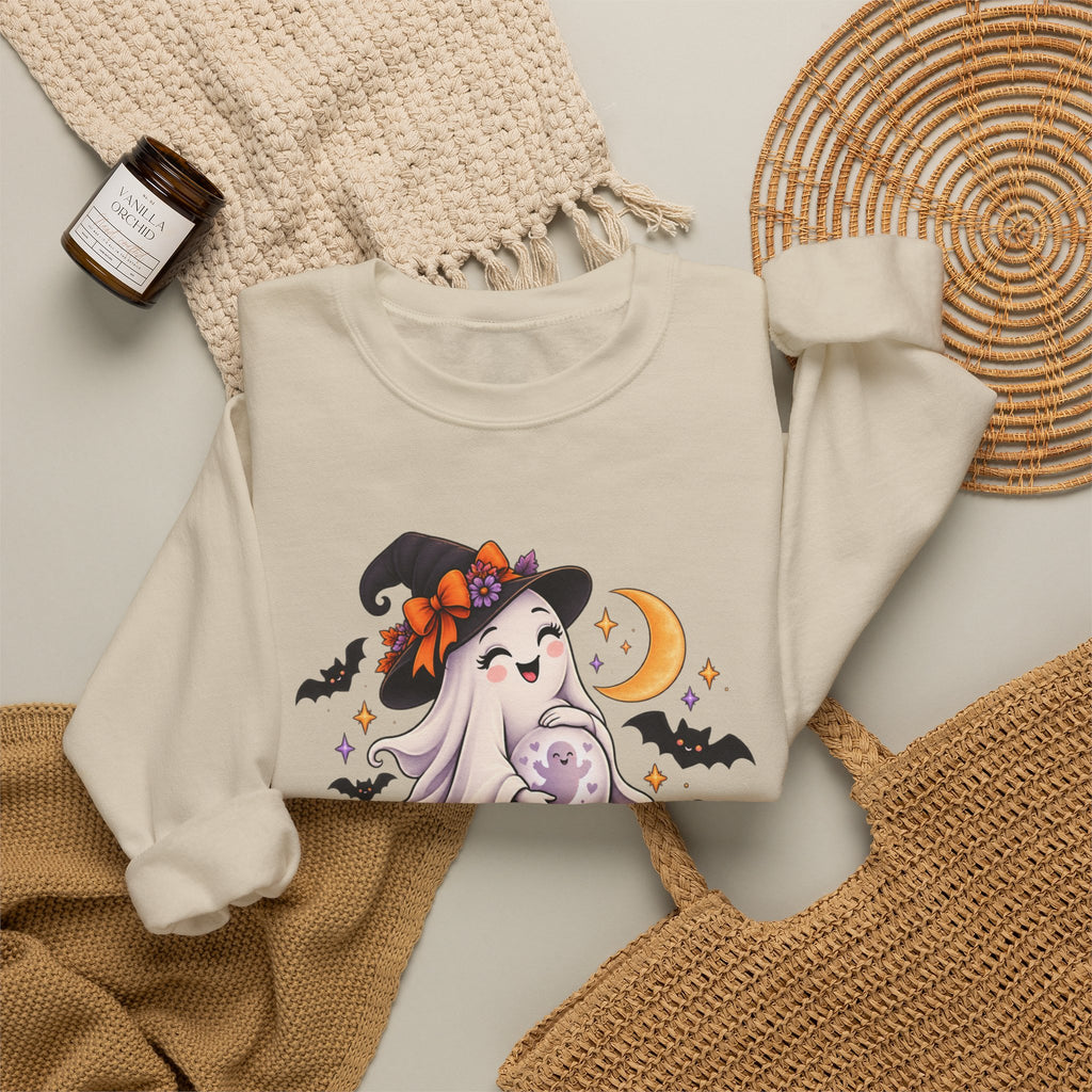 Halloween Maternity Sweatshirt — "A Little Boo Is Due" Ghost Mom Crewneck