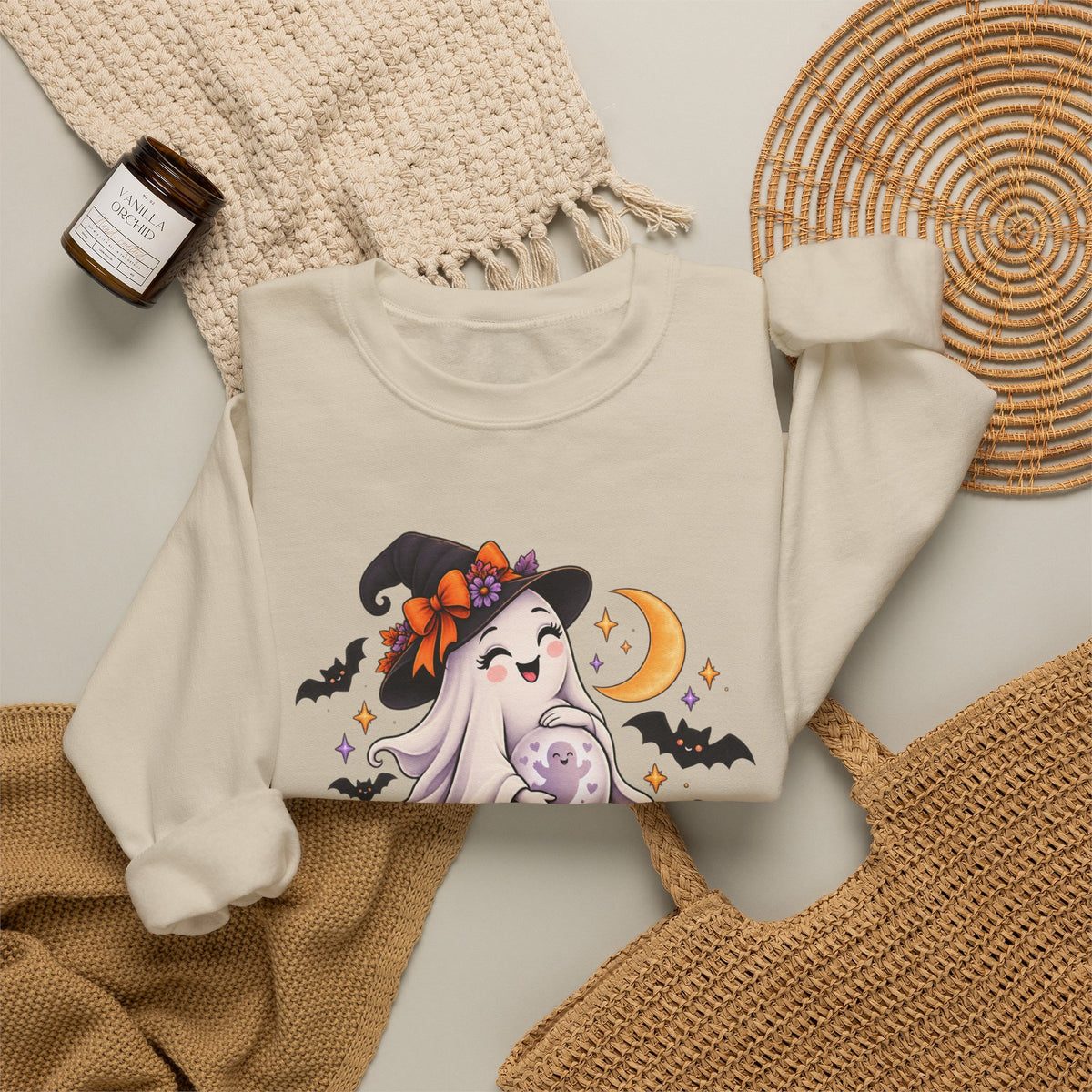 Halloween Maternity Sweatshirt — "A Little Boo Is Due" Ghost Mom Crewneck