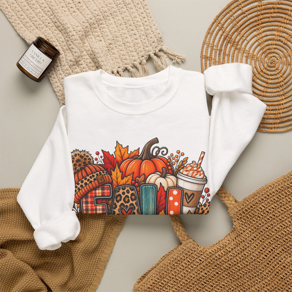 Fall Cozy Crewneck Sweatshirt — Pumpkin, Plaid & Coffee Autumn Graphic