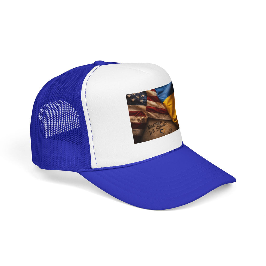 Trucker Hat — American & Ukrainian Flags "Together We Stand" Patriotic Foam Cap
