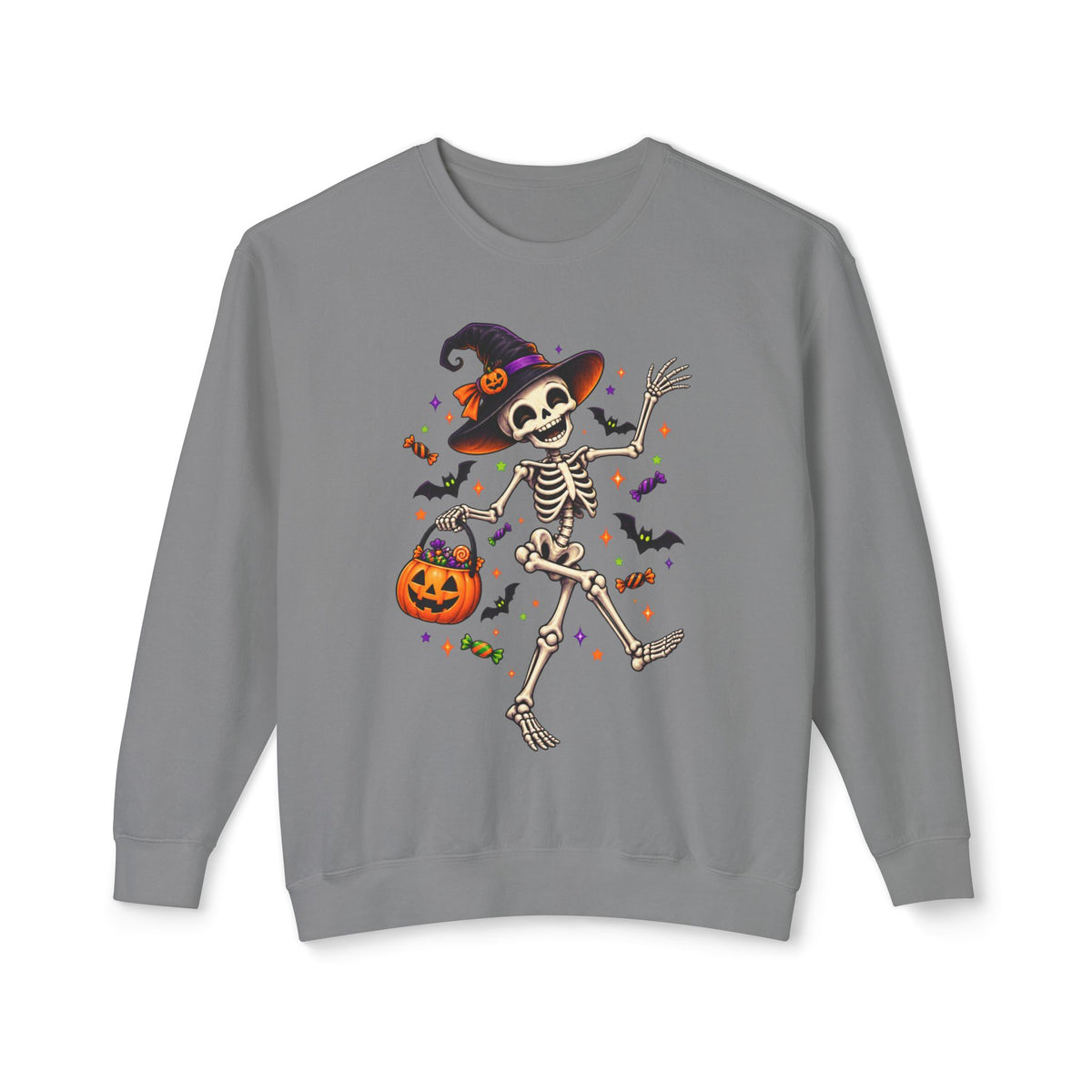 Halloween Dancing Skeleton Sweatshirt — Witch Hat Trick-or-Treat Pumpkin Design
