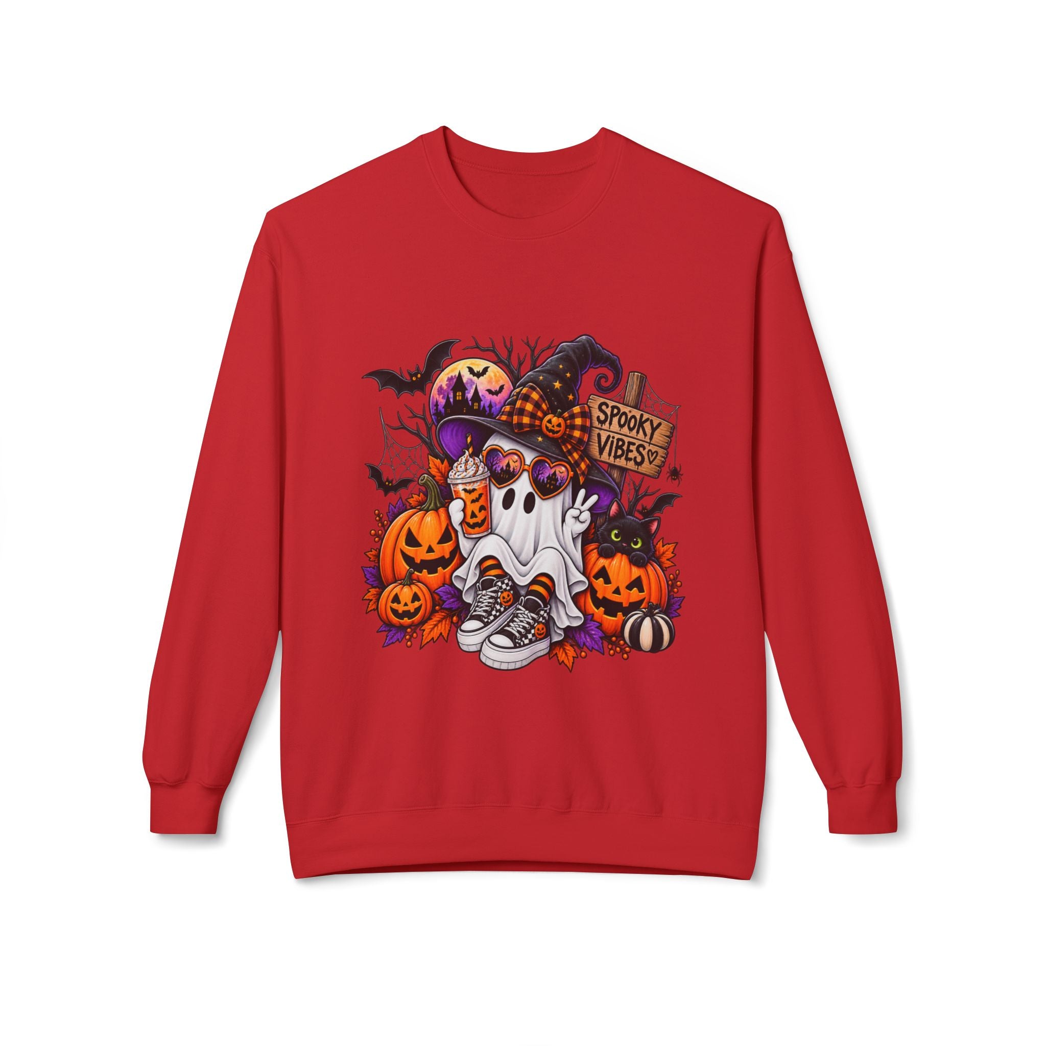 Halloween Ghost Crewneck Sweatshirt — Spooky Vibes Pumpkin Design