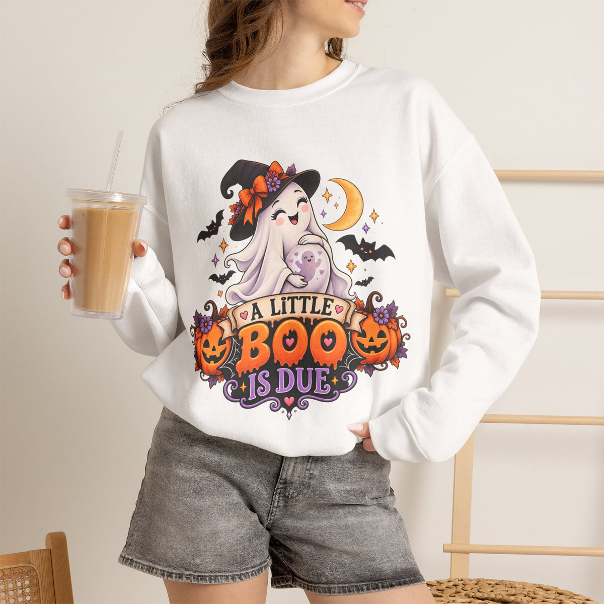 Halloween Maternity Sweatshirt — "A Little Boo Is Due" Ghost Mom Crewneck