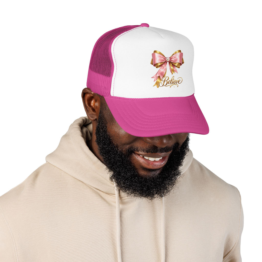 Believe Bow Trucker Hat – Pink Ribbon & Gold Script Foam Cap