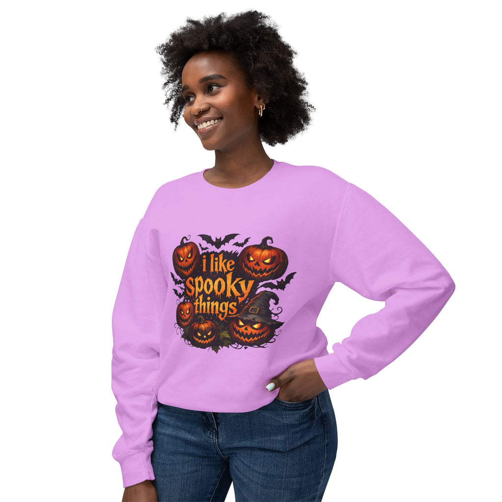 Halloween Sweatshirt — "I Like Spooky Things" Pumpkin & Bats Crewneck