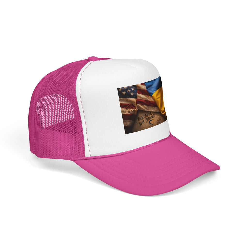 Trucker Hat — American & Ukrainian Flags "Together We Stand" Patriotic Foam Cap