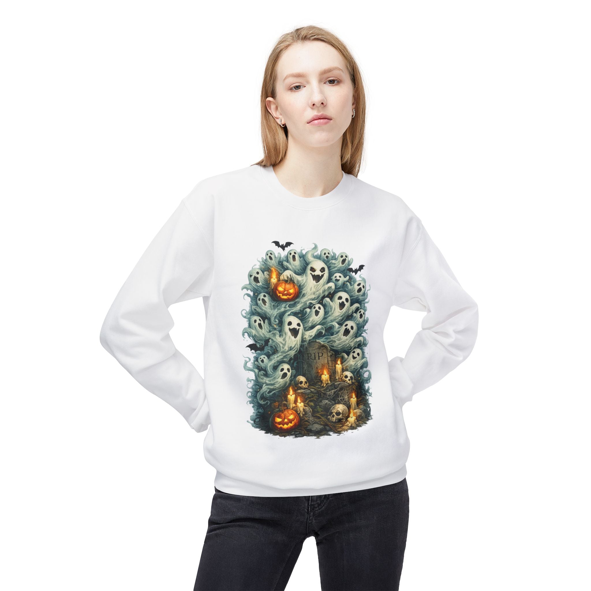Halloween Ghost Crewneck Sweatshirt — Cute Haunted Pumpkin & Spirits Graphic