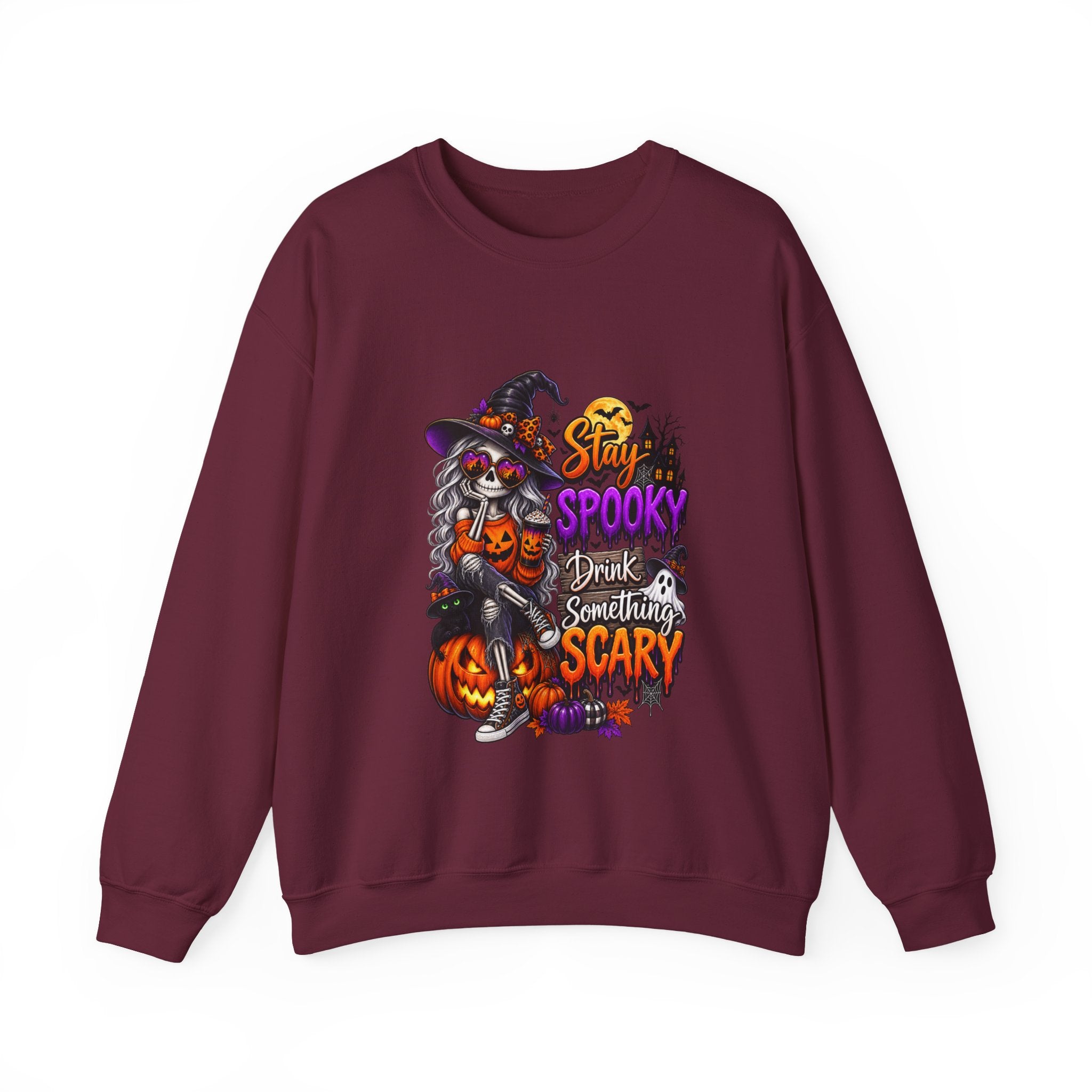 Halloween Crewneck Sweatshirt — "Stay Spooky, Drink Something Scary" Witch & Jack-O'-Lantern Design