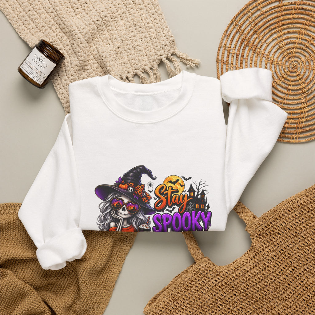 Halloween Crewneck Sweatshirt — "Stay Spooky, Drink Something Scary" Witch & Jack-O'-Lantern Design