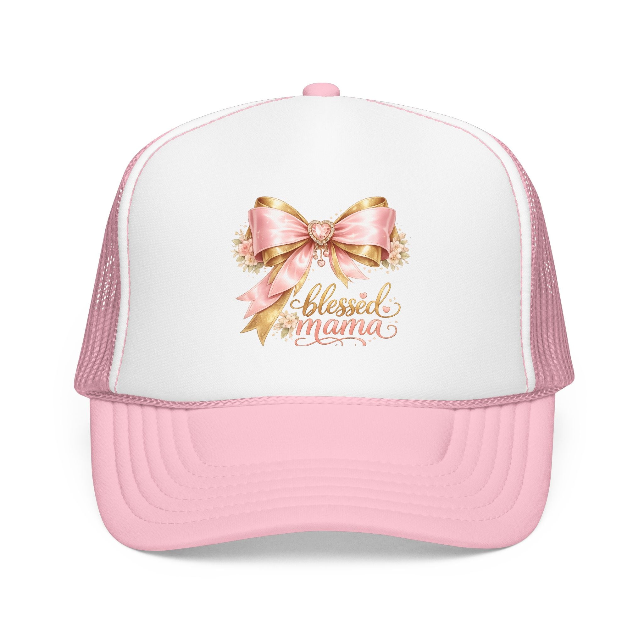 Blessed Mama Trucker Hat — Pink Ribbon Floral Mom Cap