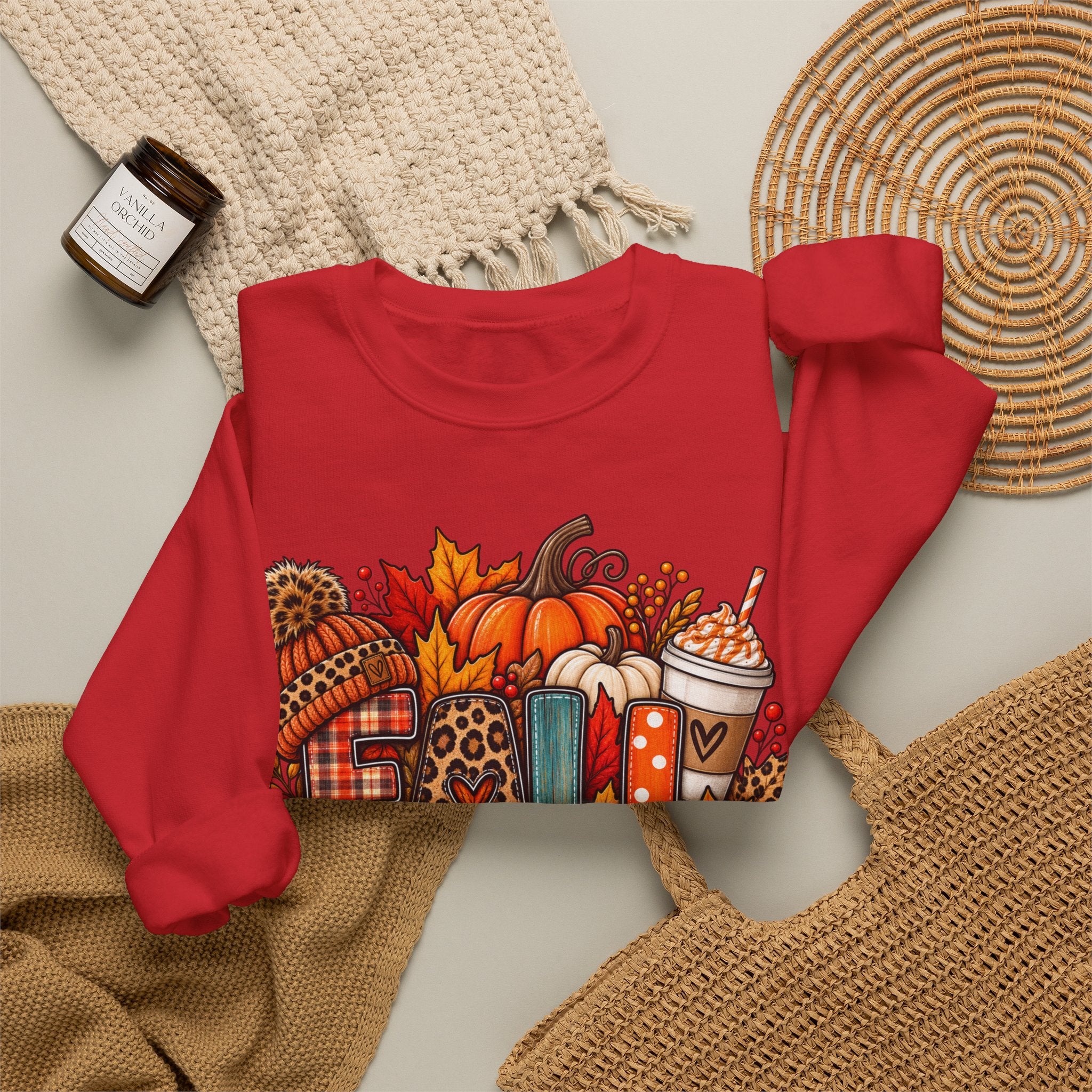 Fall Cozy Crewneck Sweatshirt — Pumpkin, Plaid & Coffee Autumn Graphic