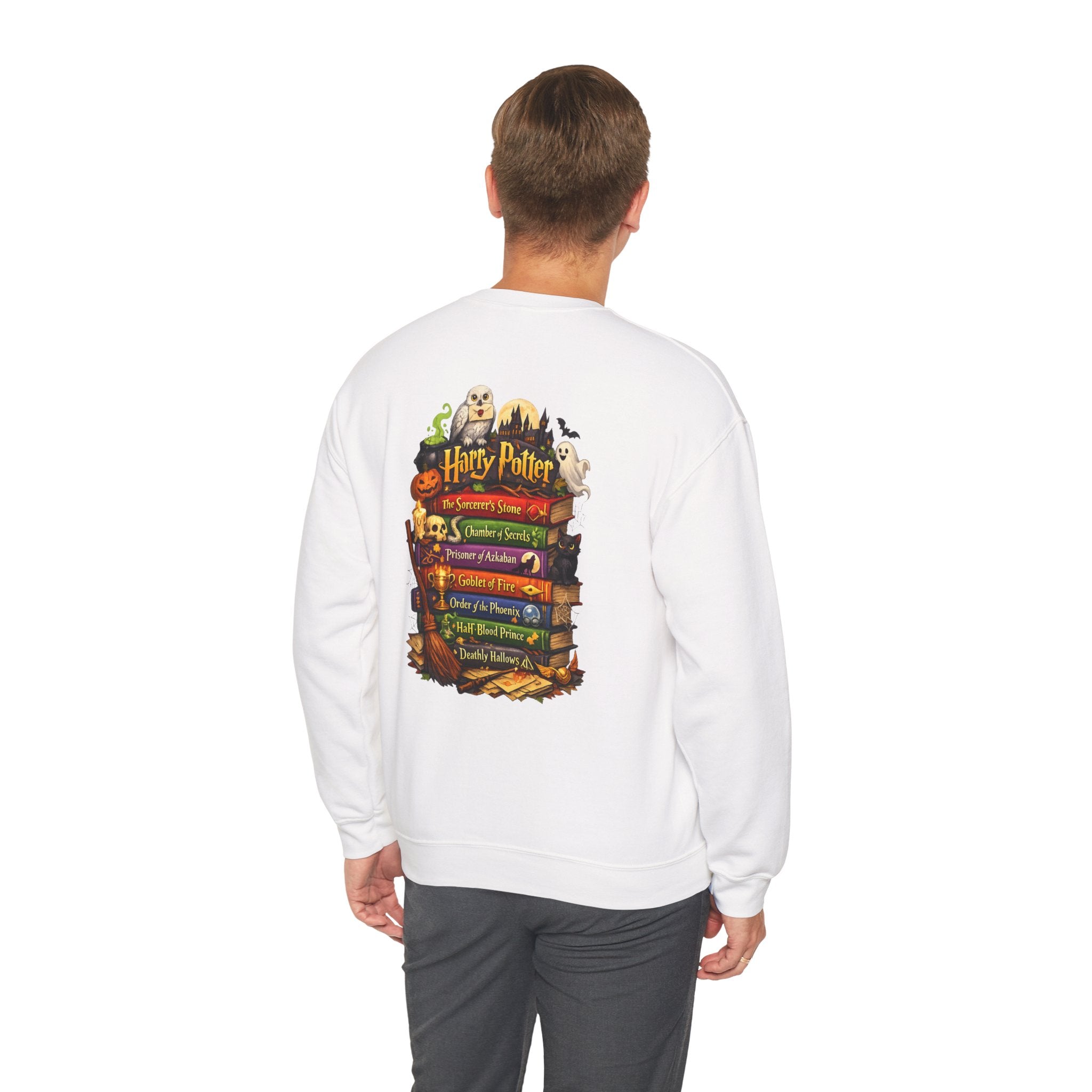 Harry Potter Stack Crewneck Sweatshirt — Book Spine Design with Owls & Autumn Icons