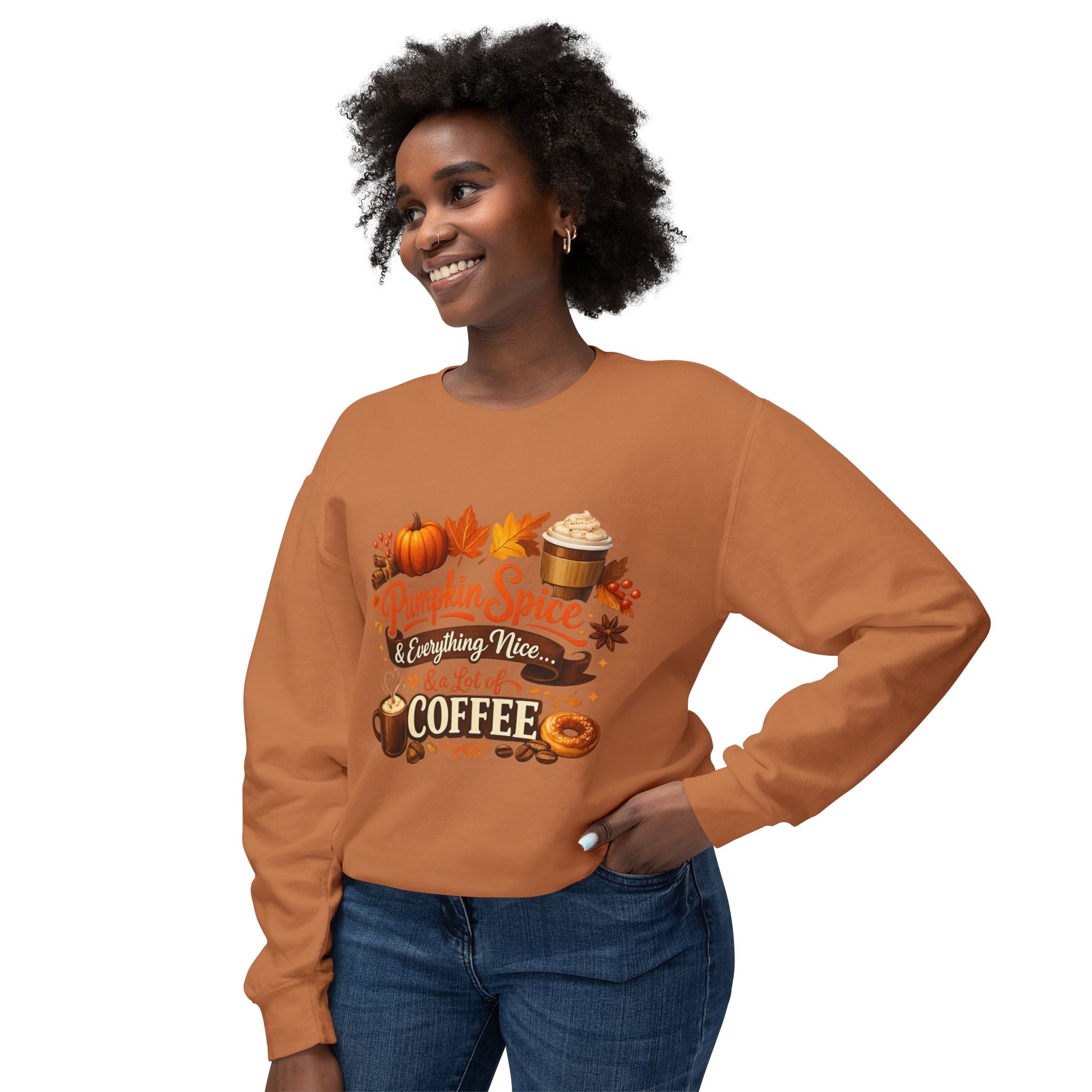 Pumpkin Spice & Coffee Crewneck Sweatshirt — Fall Cozy Coffee Lover Pullover