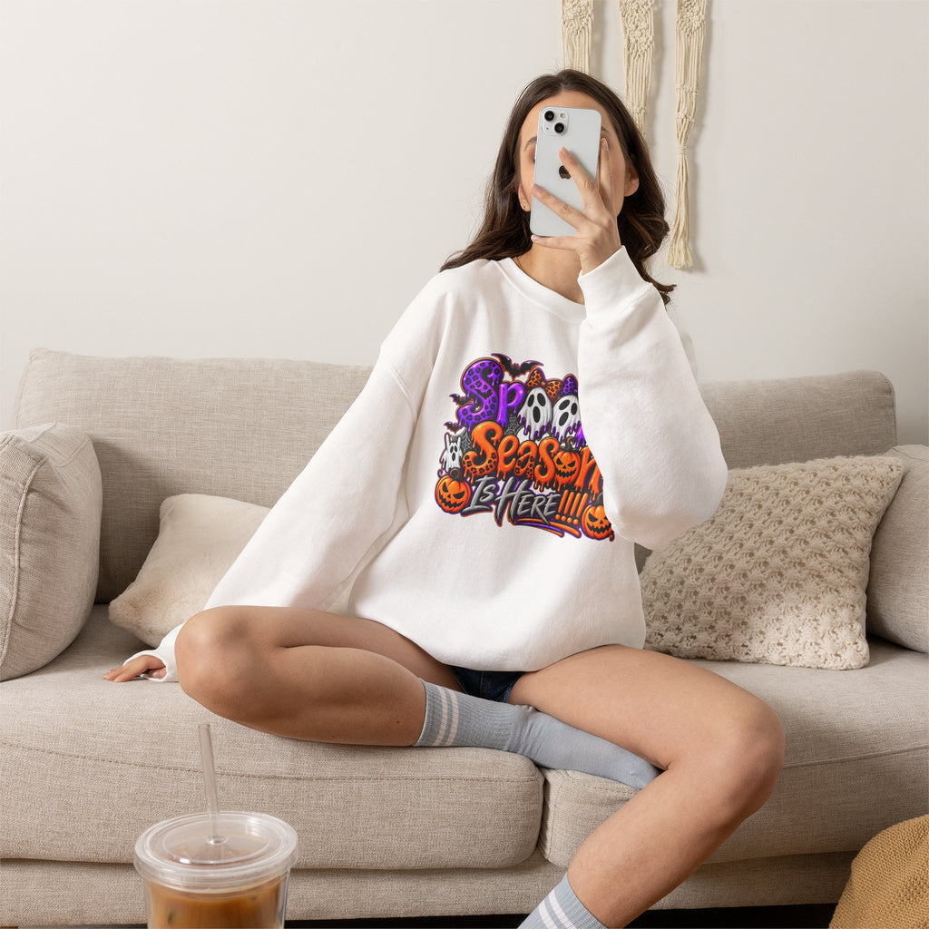Spooky Season Crewneck Sweatshirt — Halloween Graphic "Spooky Season Is Here"