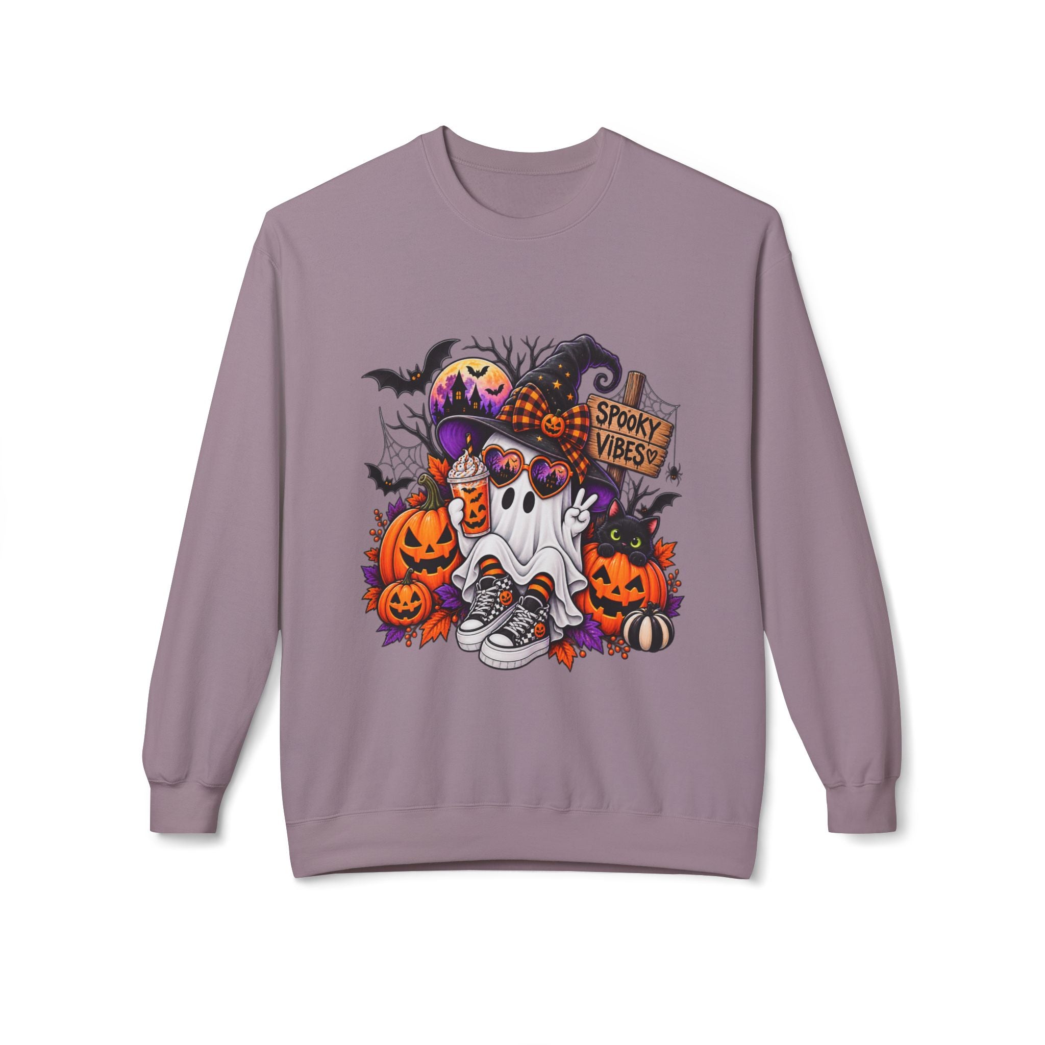Halloween Ghost Crewneck Sweatshirt — Spooky Vibes Pumpkin Design