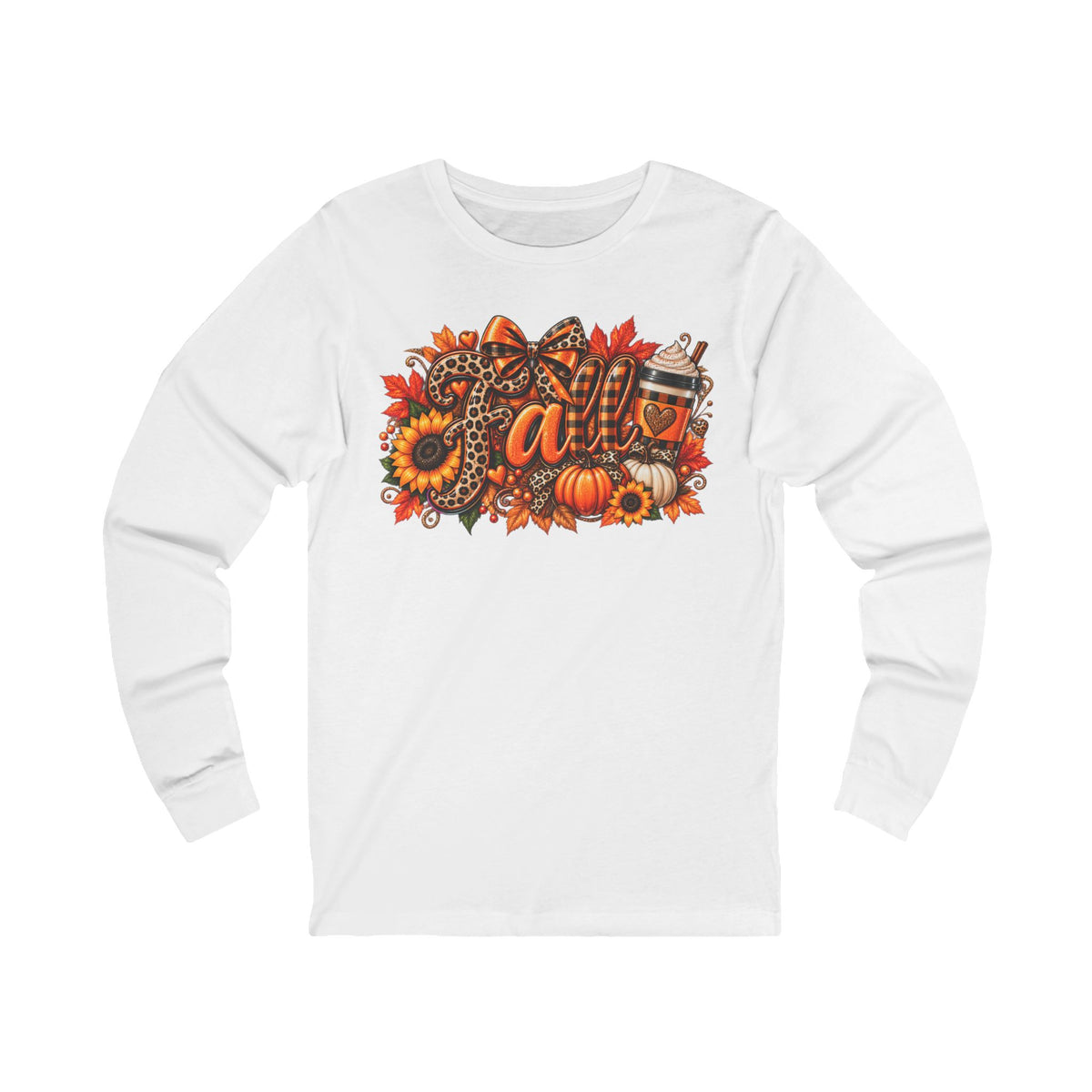 Fall Harvest Long Sleeve Tee — Autumn Leaves, Pumpkins & Sunflower Graphic