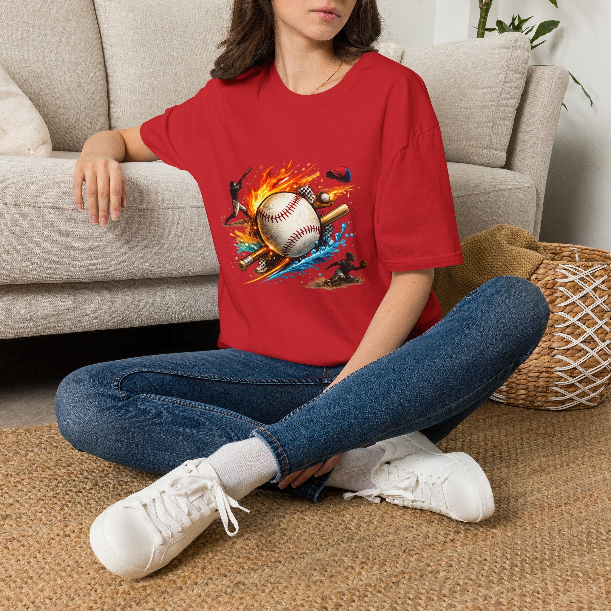 Baseball Inferno T-Shirt — Flaming Ball & Players Graphic Baseball Tee